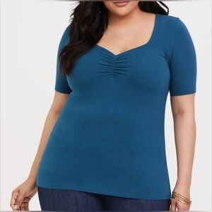 Torrid Blue Short Sleeve Top With Ruched, Sweetheart Neckline